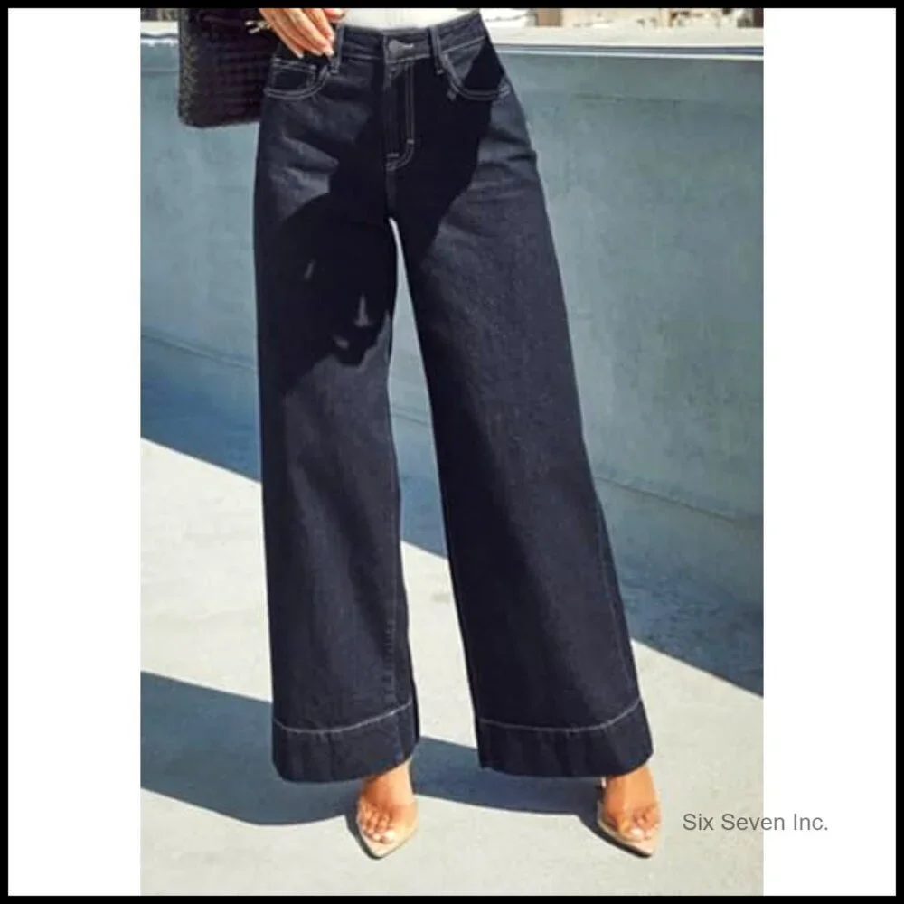 High Waisted Wide Leg Jeans Stretchy Straight Leg Denim Pants Trendy Casual
